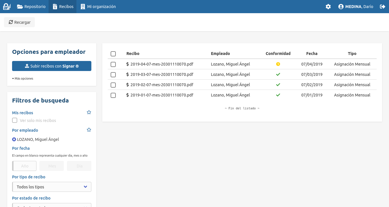 Recibos - Vista Empleador