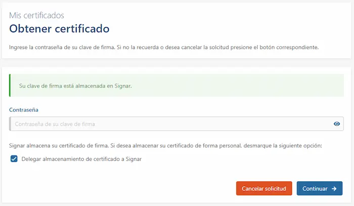 Vista para comenzar la obtención del certificado