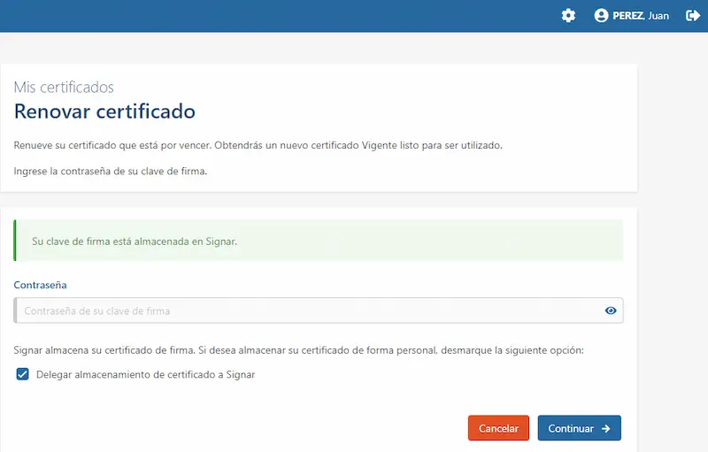 Vista para comenzar la renovación del certificado