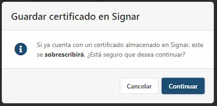 Popup para confirmar la acción de obtener el certificado