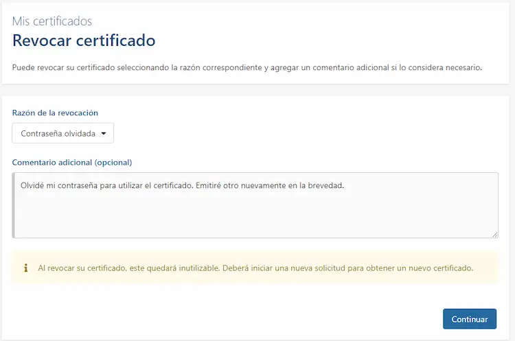 Vista de la revocación de un certificado con datos