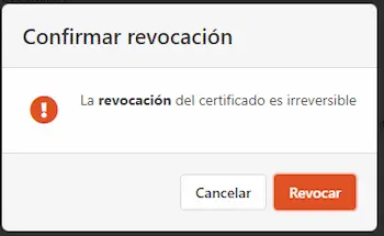 Popup para confirmar la acción de revocar el certificado