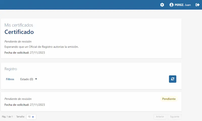Usuario con certificado pendiente de revisión