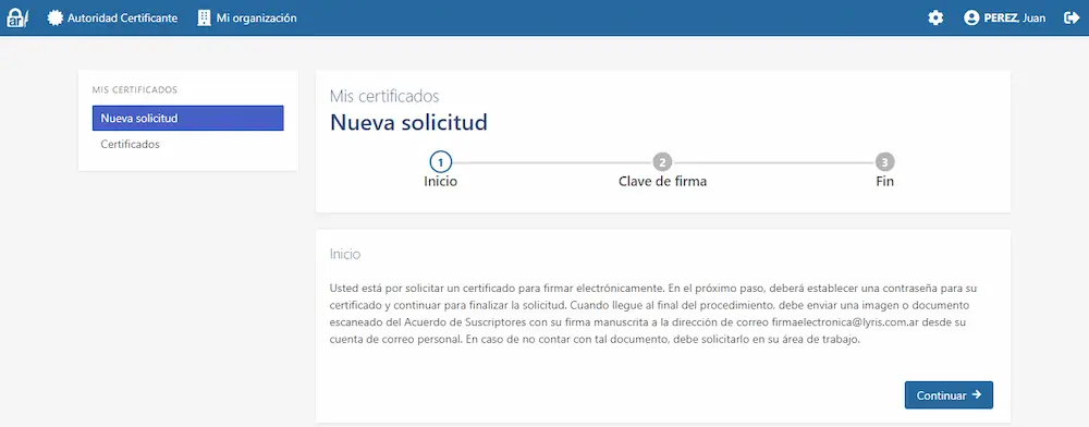 Paso 1 de la solicitud de un nuevo certificado