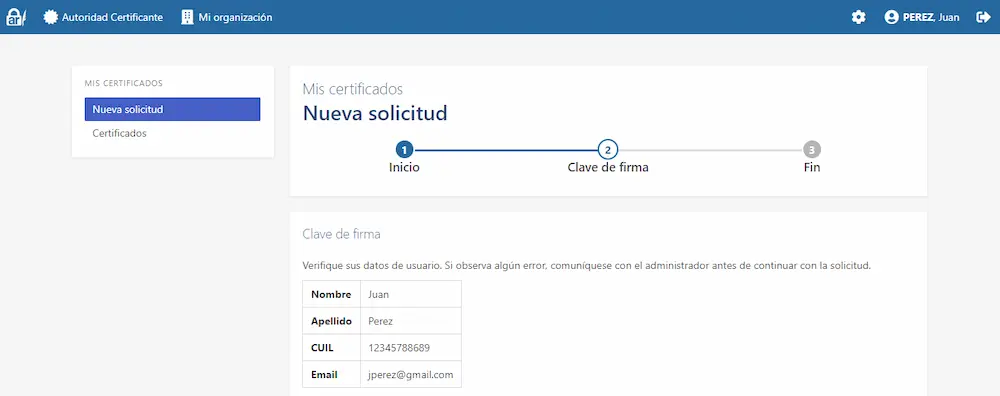 Paso 2 de la solicitud de un nuevo certificado