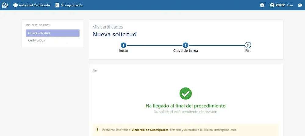 Paso 3 de la solicitud de un nuevo certificado