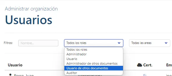 Filtro por rol en el apartado de usuarios disponible para los administradores de la organización