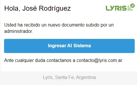 Correo electrónico que recibe un destinatario de documentación subida