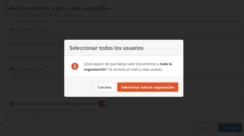 Popup avisando que se desea seleccionar toda la organización