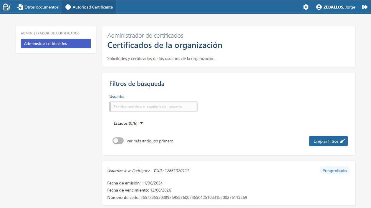 Administrador de certificados sin certificados pendientes