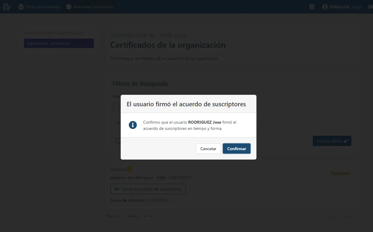 Pop-up de confirmación de firma del acuerdo de suscriptores