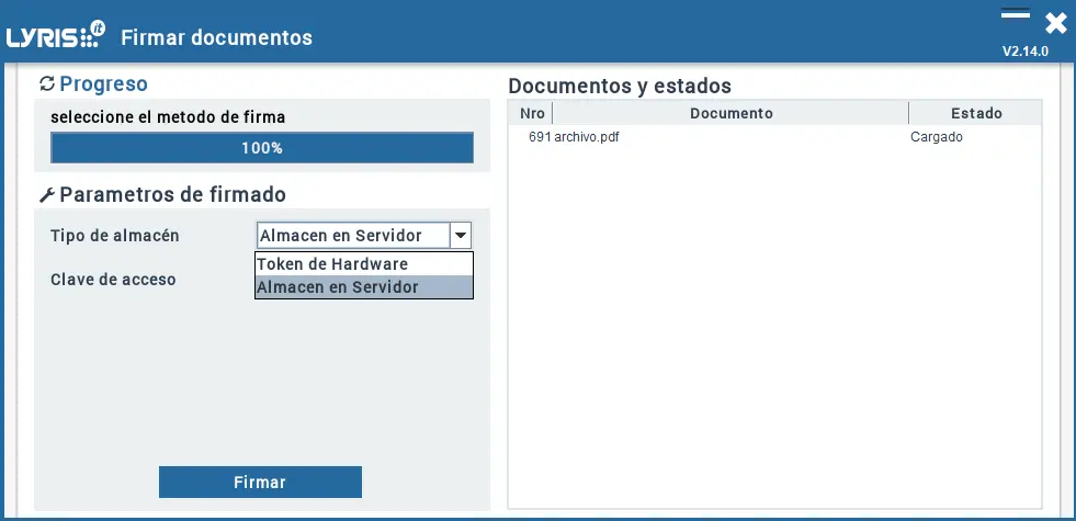 Lista desplegable con dos opciones disponibles para firmar los documentos