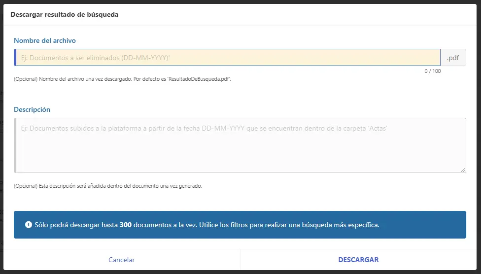 Popup para asignar nombre y descripción al archivo PDF a descargar