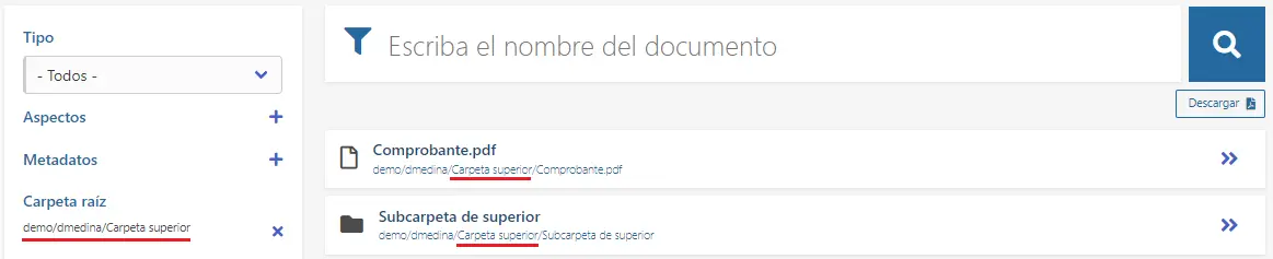 Resultado de búsqueda en el buscador general de documentos con la carpeta raíz seleccion