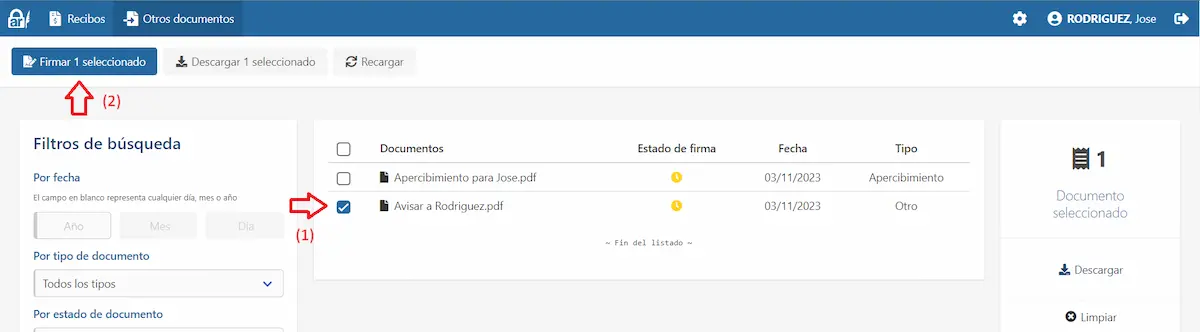 Un sólo documento seleccionado para ser firmado